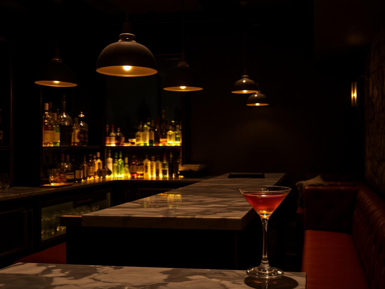 Drink Kong Rome refined intimate award-winning craft cocktail bar interior in Monti with dark moody atmosphere, marble counter, backlit bottles and a single craft cocktail in a coupe glass