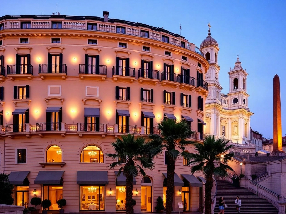 Hotel Hassler Roma legendary luxury hotel exterior at the top of the Spanish Steps at dusk with grand 19th century pale ochre palazzo facade, balconies, palm trees and the church of Trinità dei Monti behind
