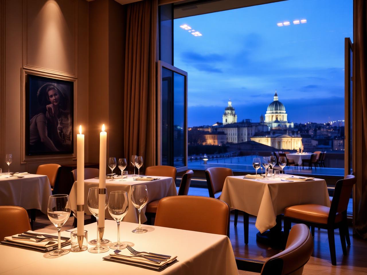 La Pergola at Rome Cavalieri refined three Michelin star fine dining restaurant interior with white tablecloths, candles and floor-to-ceiling windows opening to the Roman skyline at dusk with the dome of St Peter's