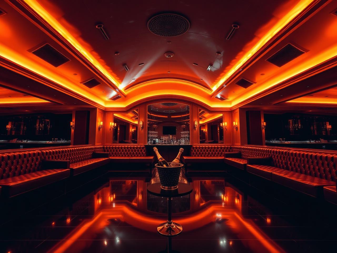 Piper Club Rome legendary 1965 nightclub interior with vaulted ceiling, dramatic warm amber LED lighting, polished black dance floor, leather banquettes and a bottle of champagne in an ice bucket