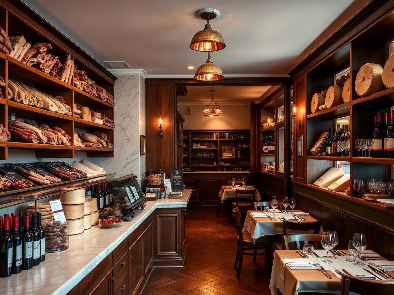 Roscioli Salumeria con Cucina Rome legendary salumeria trattoria interior with wooden shelves stacked with cured hams and parmesan wheels, marble counter, small wooden tables with white linens