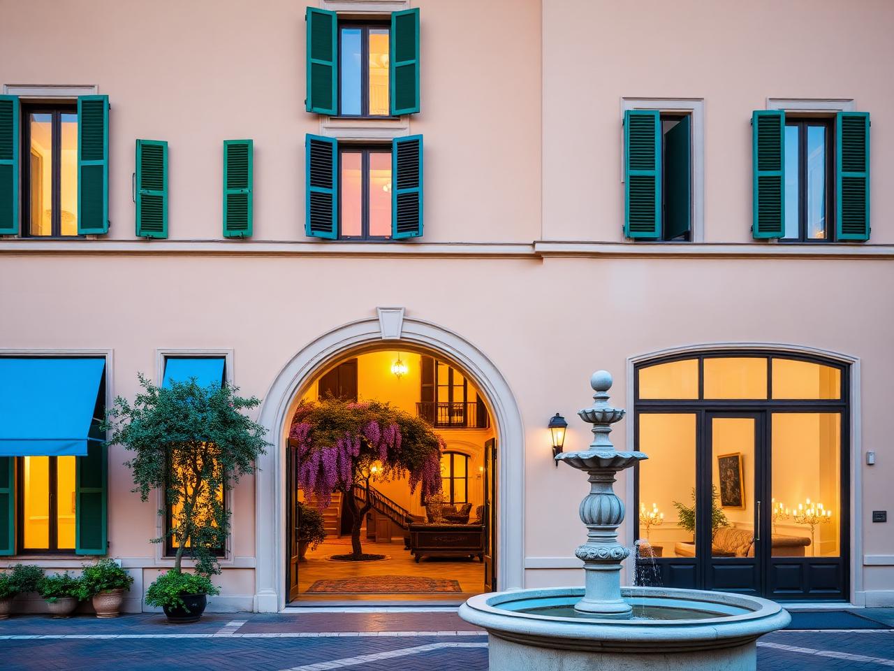Hotel de Russie Rome refined luxury hotel exterior at dusk with classical palazzo facade and the Stravinskij courtyard garden