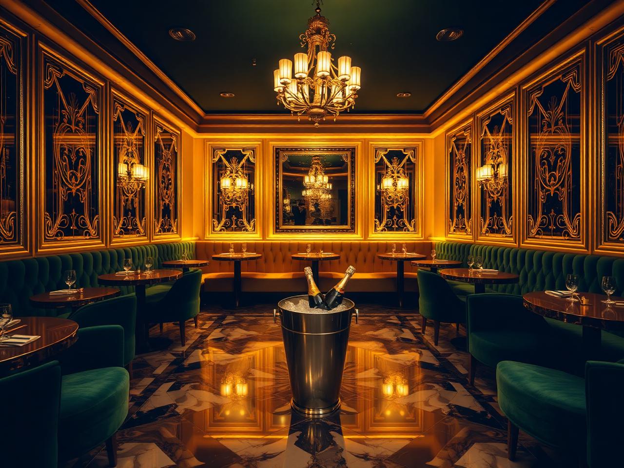 Toy Room Rome refined exclusive members-only late nightclub lounge interior with opulent gold and dark green velvet banquettes, marble floor, dramatic warm pendant lighting and an ice bucket with champagne