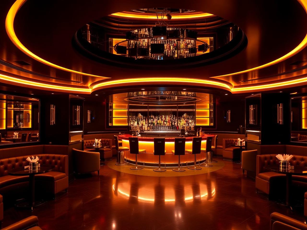 City Beats Salzburg refined upscale nightclub interior with dramatic warm amber LED lighting, dark surfaces, leather banquettes, polished circular bar with champagne buckets and a dance floor with mirrored ceiling