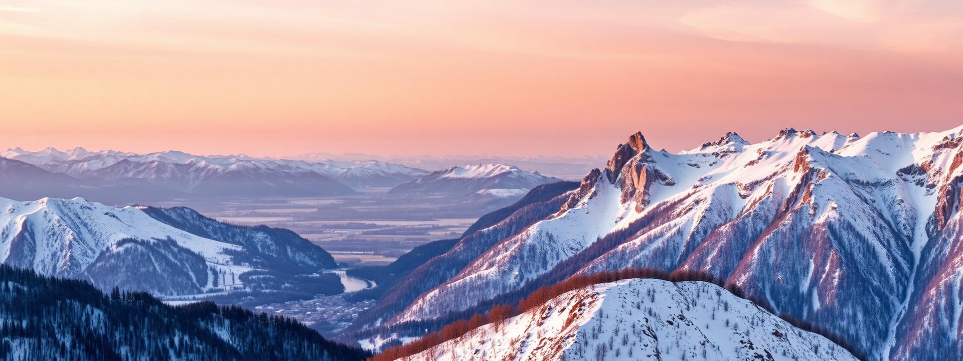 The snow-capped Alpine mountains around Salzburg at last golden light with peaks reflecting soft pink and gold sky and the alpine valley faint below