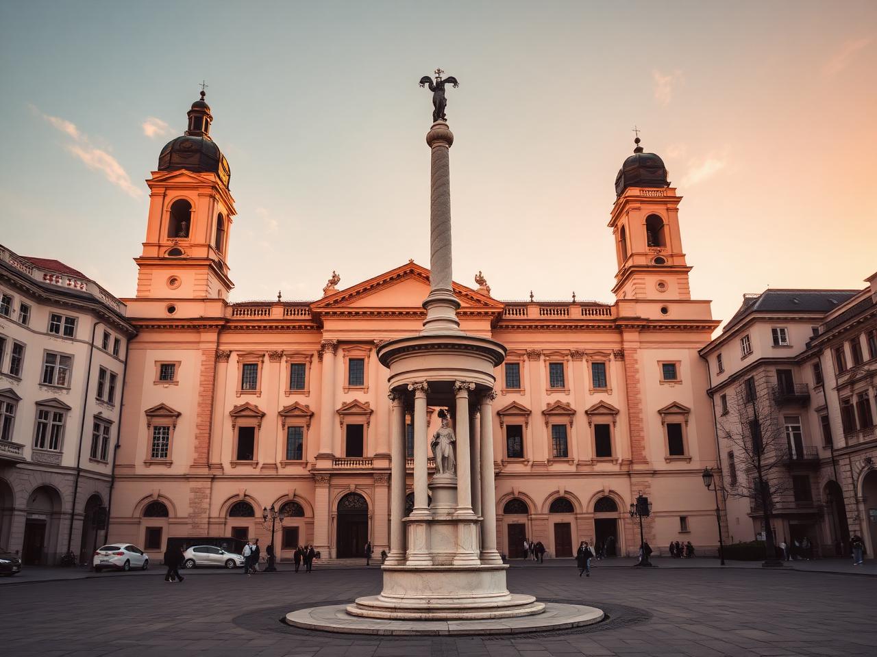 Salzburg Cathedral Domplatz at golden hour with the magnificent baroque cathedral facade, twin domed towers and the marble Mariensäule column in the foreground square