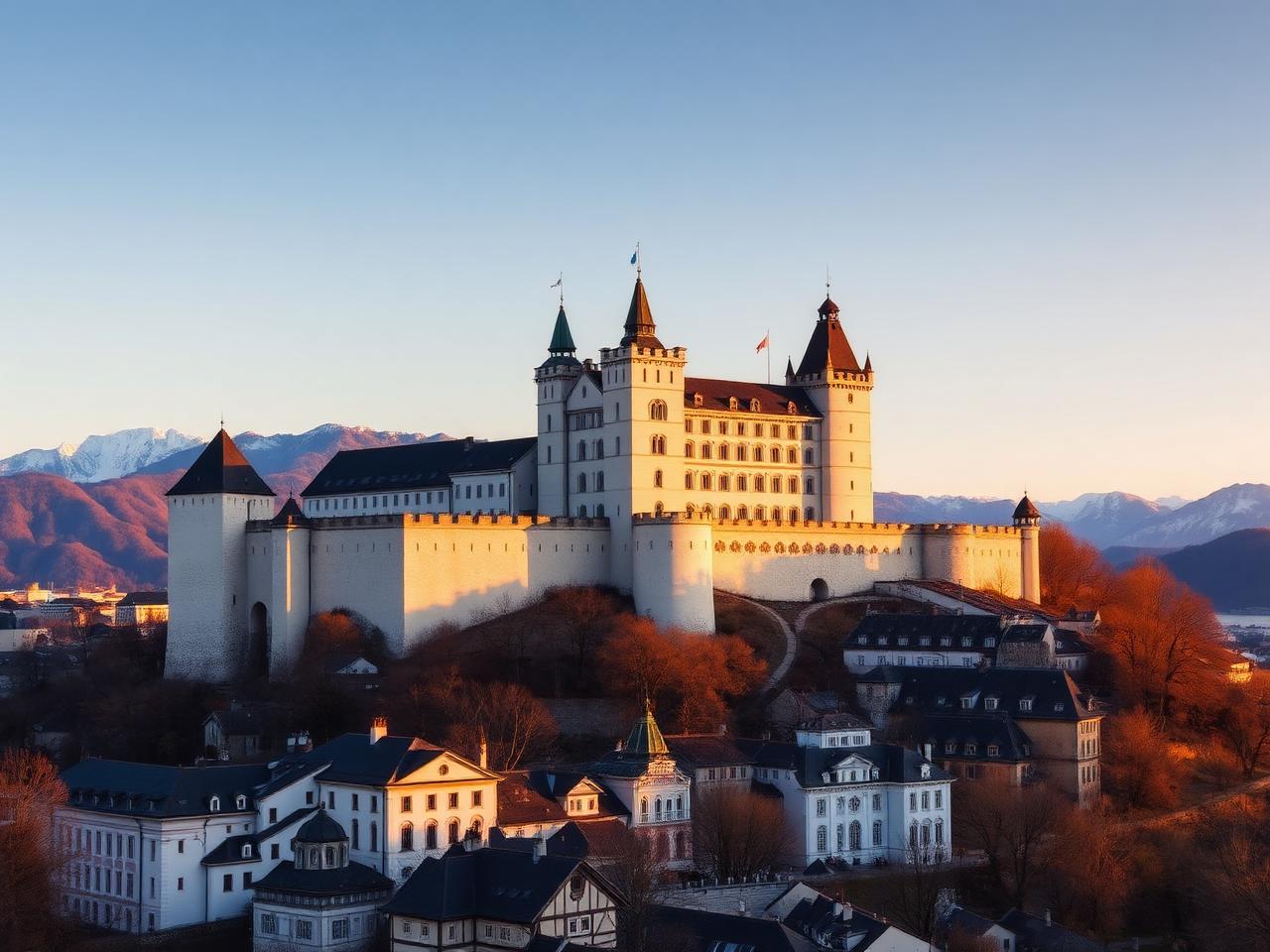 Hohensalzburg Fortress on the hill above Salzburg at golden hour with massive medieval white walls, towers and battlements rising dramatically above the baroque old town with snow-capped alps in the distance
