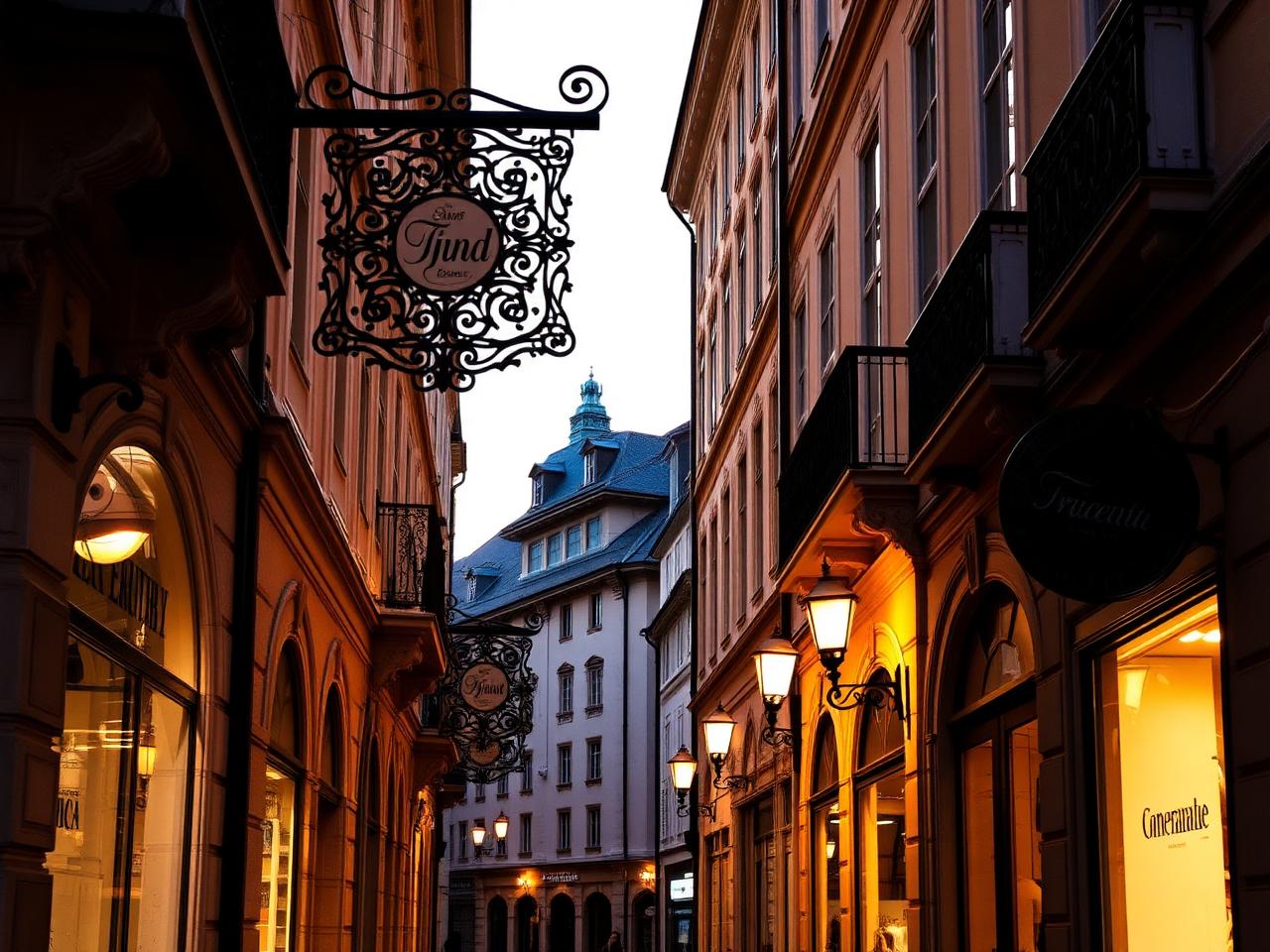 Historic Getreidegasse main shopping street in the old town of Salzburg Austria at golden hour with elegant baroque facades, ornate wrought iron guild signs hanging above the narrow cobblestone street and warm lamplight