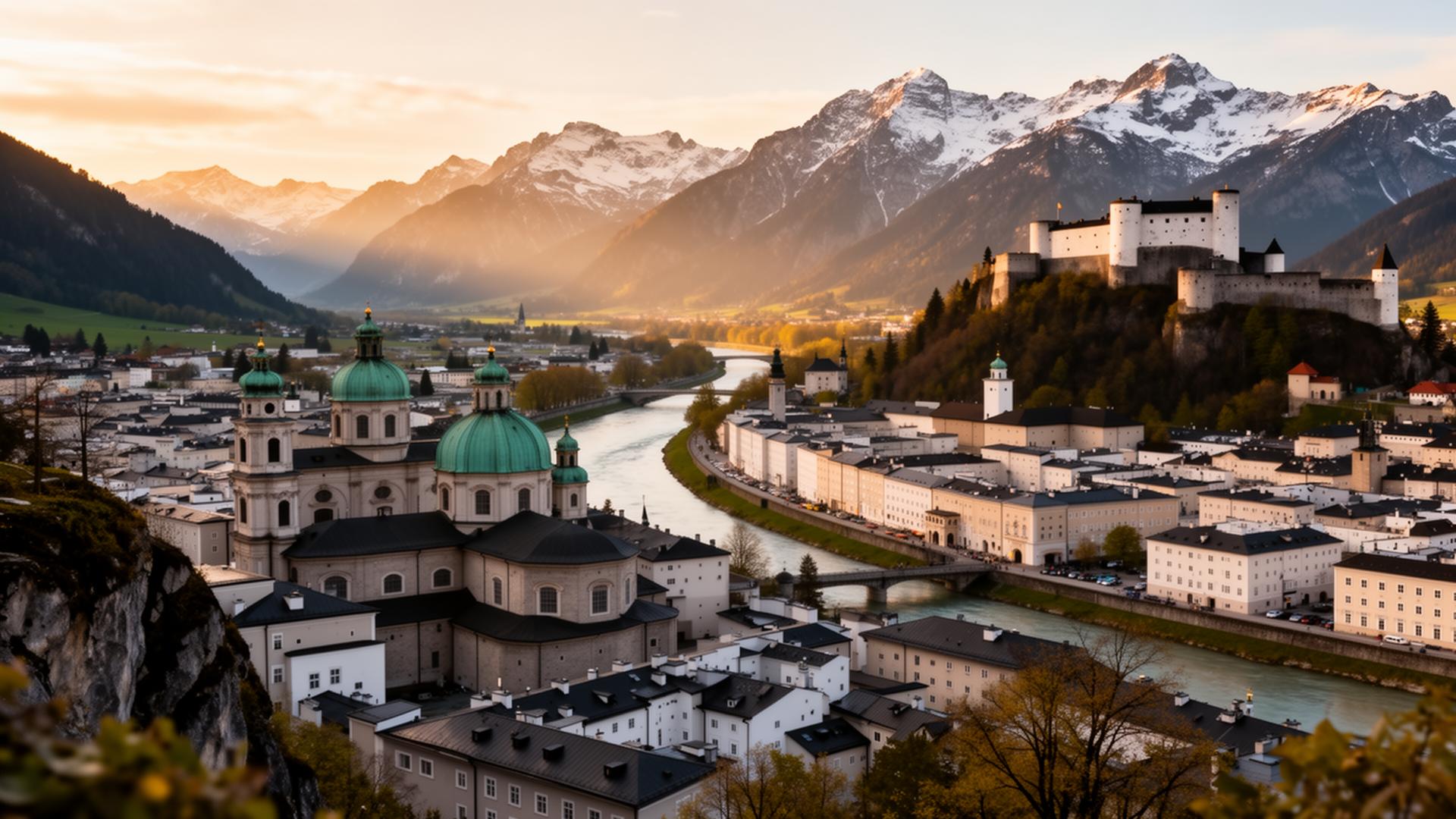 Panoramic morning view of Salzburg Austria from the Mönchsberg with the historic baroque old town, the Salzach river curving through, the green domes of Salzburg cathedral, the Hohensalzburg Fortress on the hill and snow-capped alpine mountains rising behind at golden hour
