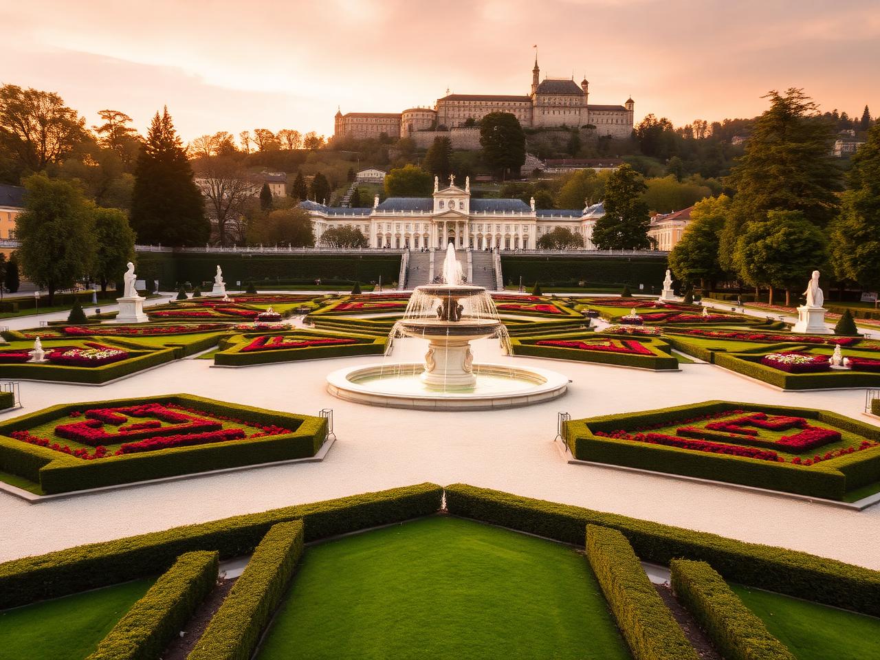 Mirabell Gardens in Salzburg Austria at golden hour with baroque geometric flower beds, sculptures, fountains and the Hohensalzburg Fortress on the hill in the background
