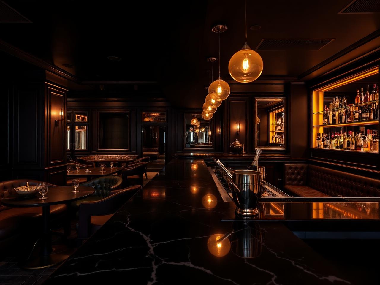 Half Moon Salzburg refined upscale cocktail bar interior with dark surfaces, leather banquettes, dim warm amber lighting and a polished bar counter with champagne buckets