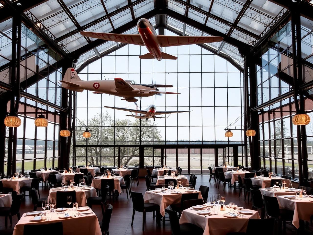 Hangar-7 Salzburg Restaurant Ikarus refined modernist fine dining interior beneath a futuristic glass and steel dome with vintage aircraft suspended above, white tablecloths and candlelit tables