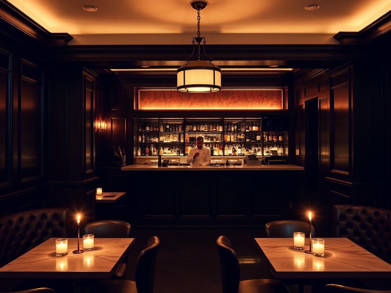 Little Grain Salzburg refined intimate cocktail bar interior with dark wood paneling, leather banquettes, marble bar counter, dim warm pendant lighting and a white-jacketed bartender