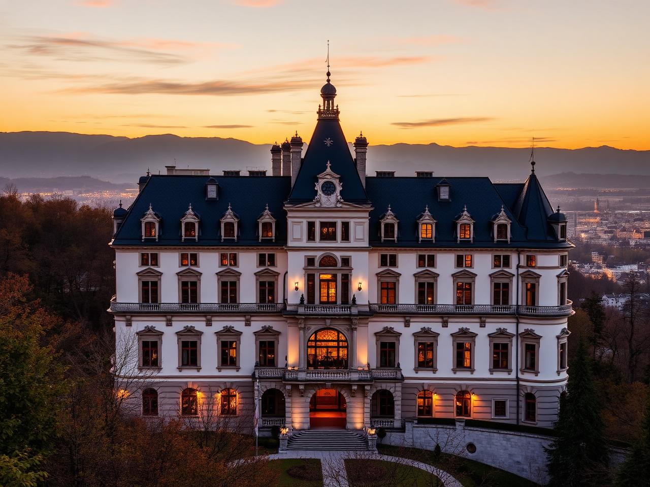 Schloss Mönchstein Salzburg refined grand luxury castle hotel facade at golden hour on the Mönchsberg hill with turrets and ornate facade details