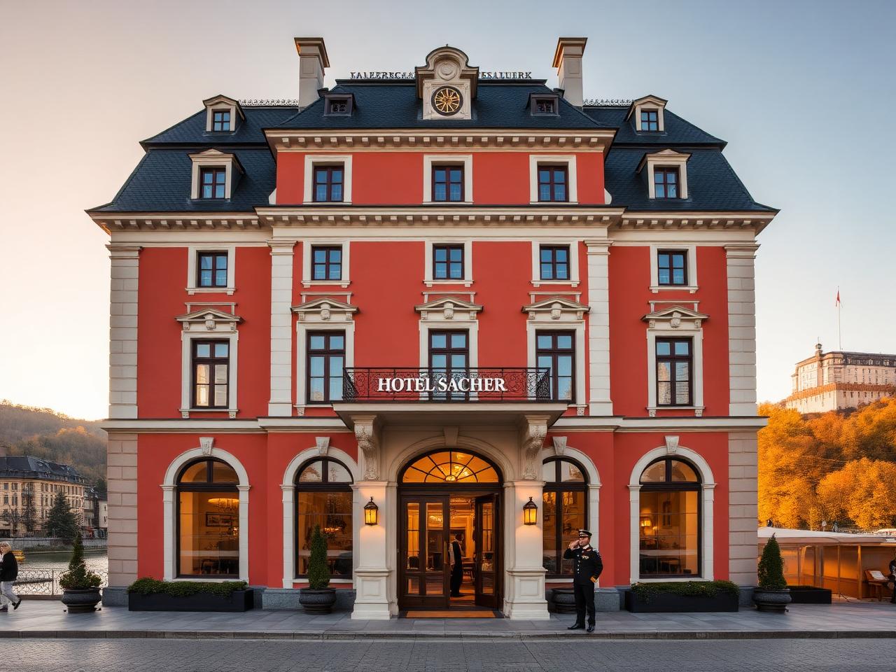 Hotel Sacher Salzburg refined grand luxury hotel facade at golden hour with historic baroque red and white architecture on the Salzach river and the Hohensalzburg Fortress on the hill behind