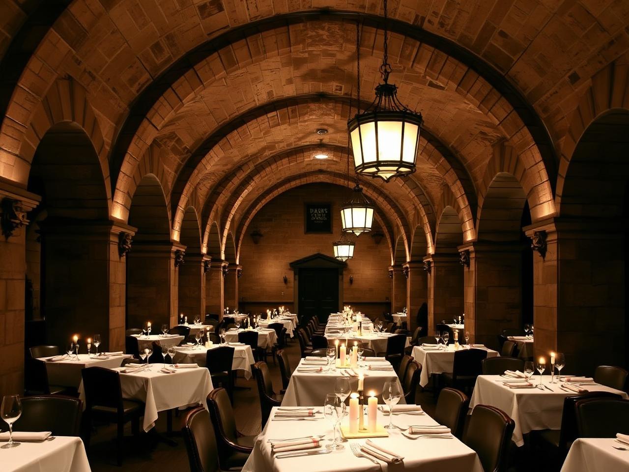 St. Peter Stiftskulinarium Salzburg refined fine dining restaurant interior with historic vaulted stone ceilings, ancient archways, candlelit tables and warm pendant lighting in a monastery setting
