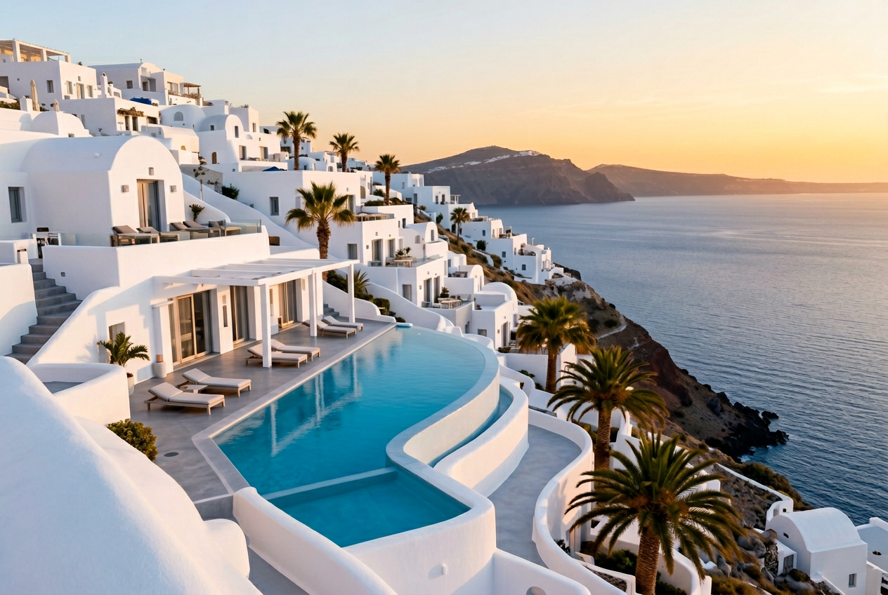 Canaves Oia Epitome Santorini luxury hotel at golden hour with refined whitewashed Cycladic architecture, private villas, multiple infinity pools cascading down a slope overlooking the Aegean Sea and palm trees