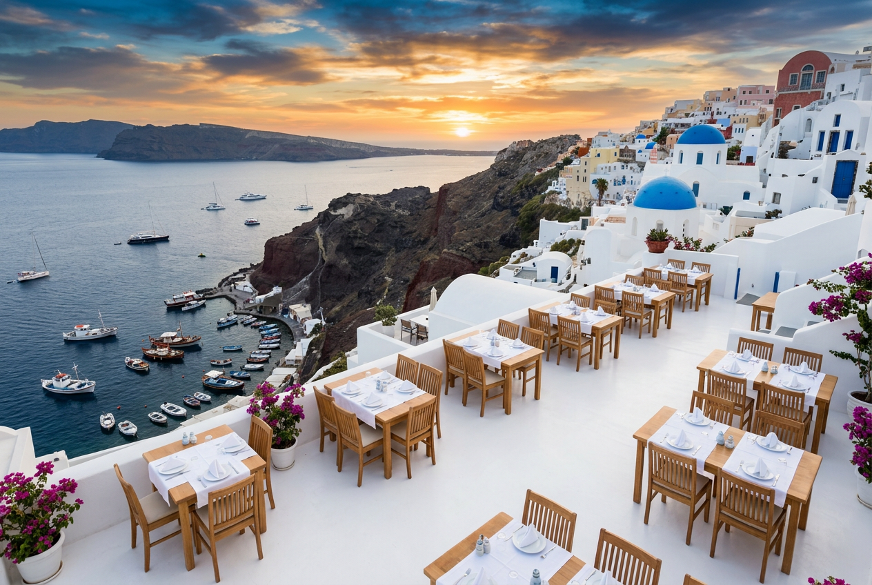 Amoudi Bay Santorini at golden hour with a small fishing harbor at the bottom of the cliff below Oia, traditional wooden fishing boats, a few seaside tavernas with white tablecloths along the rocky shore and the caldera cliff towering above