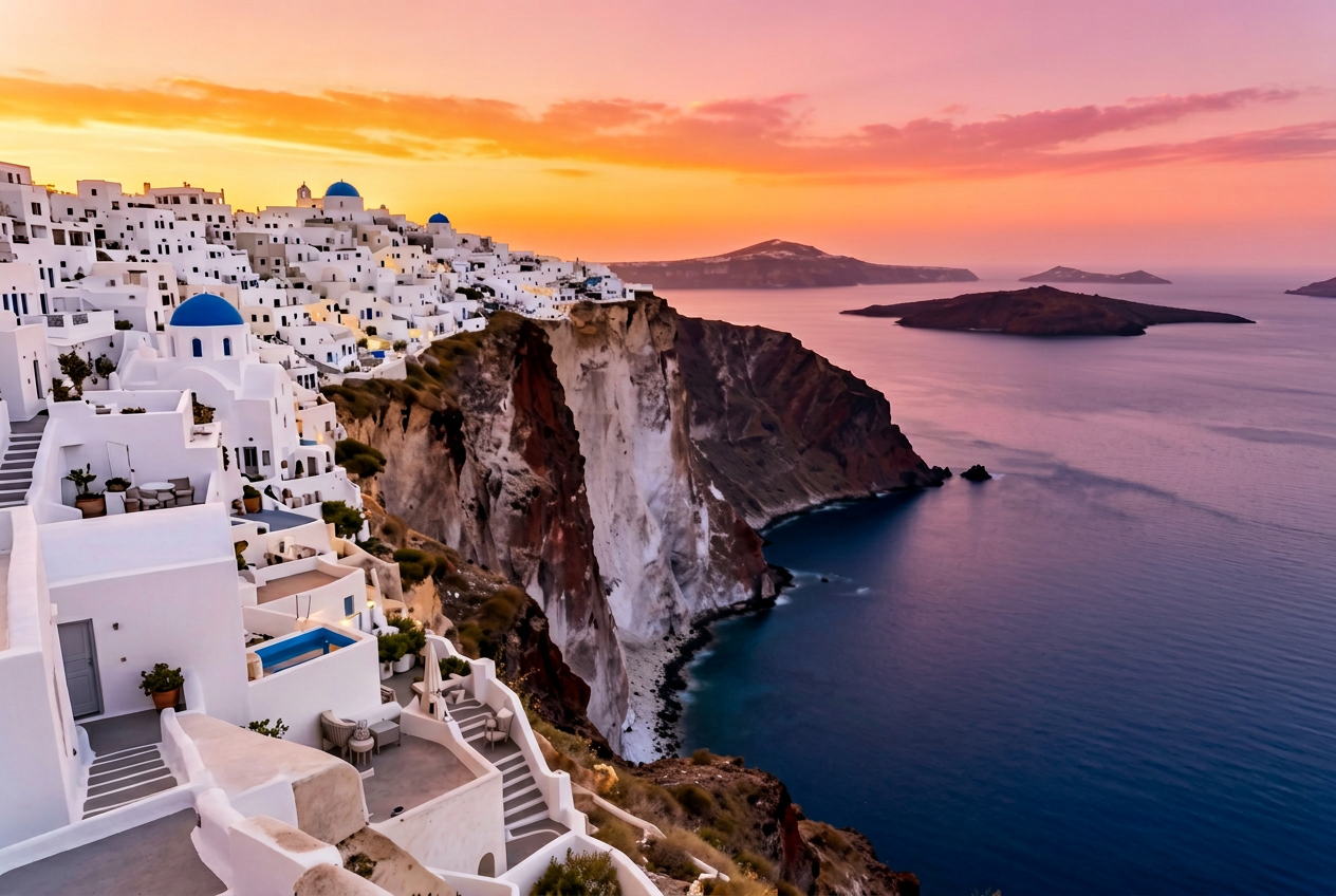 The Santorini caldera at sunset seen from a clifftop terrace with dramatic vertical volcanic cliffs cascading down to the deep blue Aegean Sea, the islands of Thirassia and Nea Kameni in the distance and a golden orange and pink sky