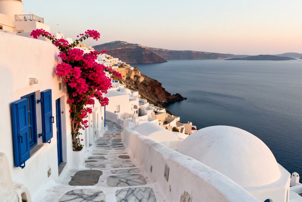 A narrow whitewashed marble pathway in Fira Santorini with traditional Cycladic architecture, brilliant white walls, blue painted shutters, vibrant pink bougainvillea cascading from a wall and the caldera and Aegean Sea visible in the distance
