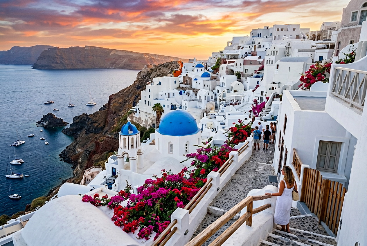 Iconic blue domed churches of Oia Santorini at golden hour with three traditional white-walled Greek Orthodox churches with cobalt blue domes overlooking the deep blue Aegean Sea and the caldera