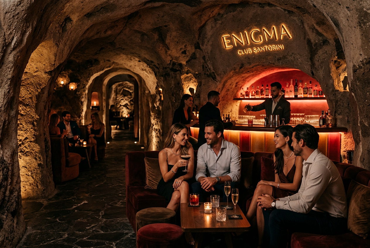 Enigma Club Santorini refined late night club interior in Fira with dramatic warm amber lighting, vaulted whitewashed Cycladic stone walls, polished dark wood floor, leather banquettes, a polished bar and a single bottle of champagne in an ice bucket at night
