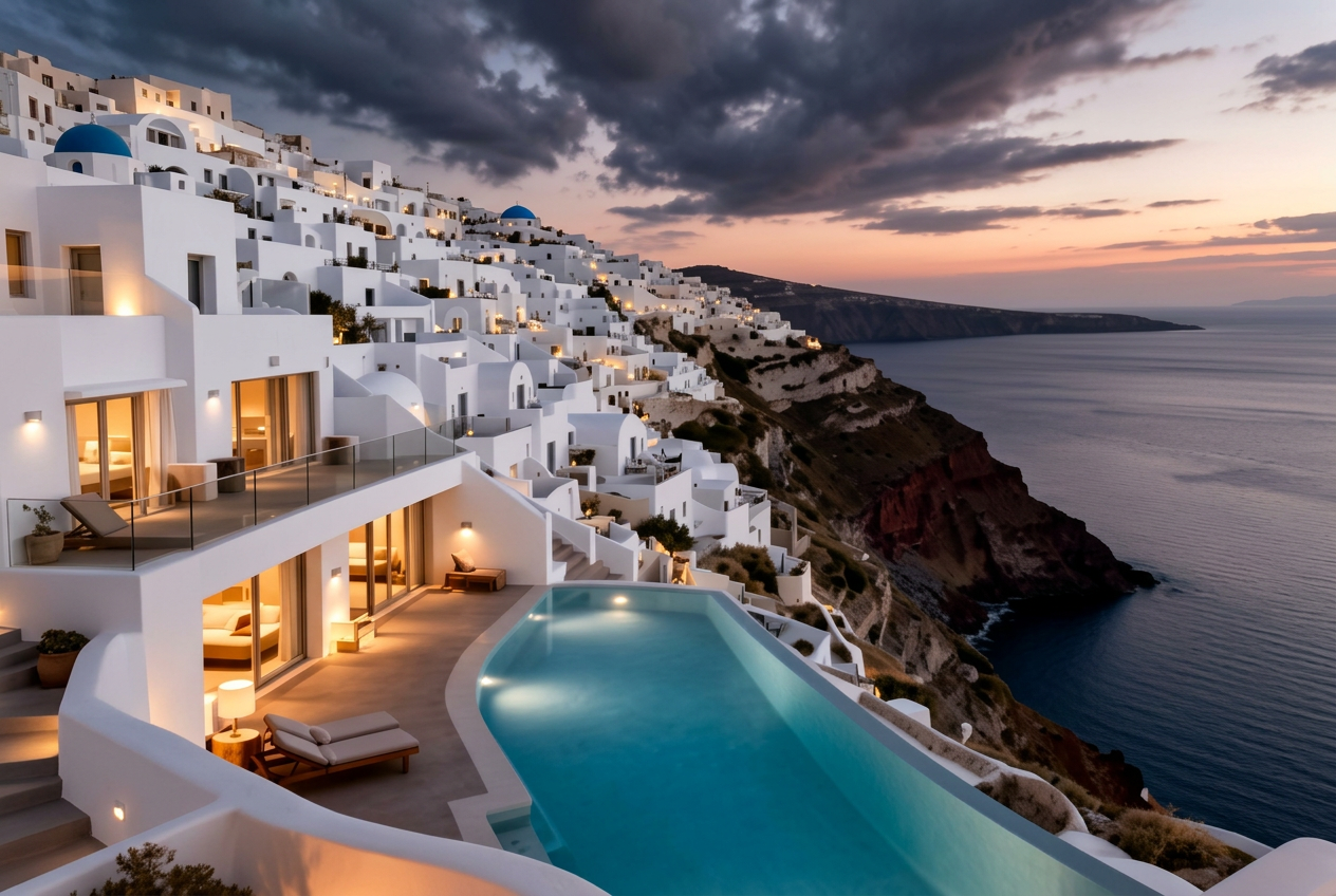 Grace Hotel Santorini Auberge Resorts in Imerovigli at dusk with refined modern white Cycladic architecture cascading down the caldera cliff and an infinity pool that merges into the horizon over the Aegean Sea