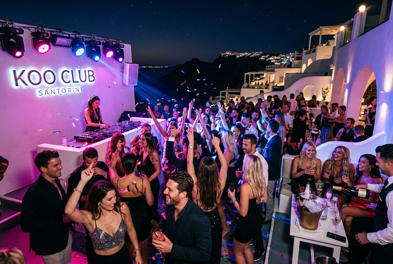 Koo Club Santorini iconic upscale nightclub interior in Fira with dramatic warm amber and red LED lighting, polished black floor, white-washed Cycladic stone walls, leather booths and a polished bar with a single bottle of champagne in an ice bucket