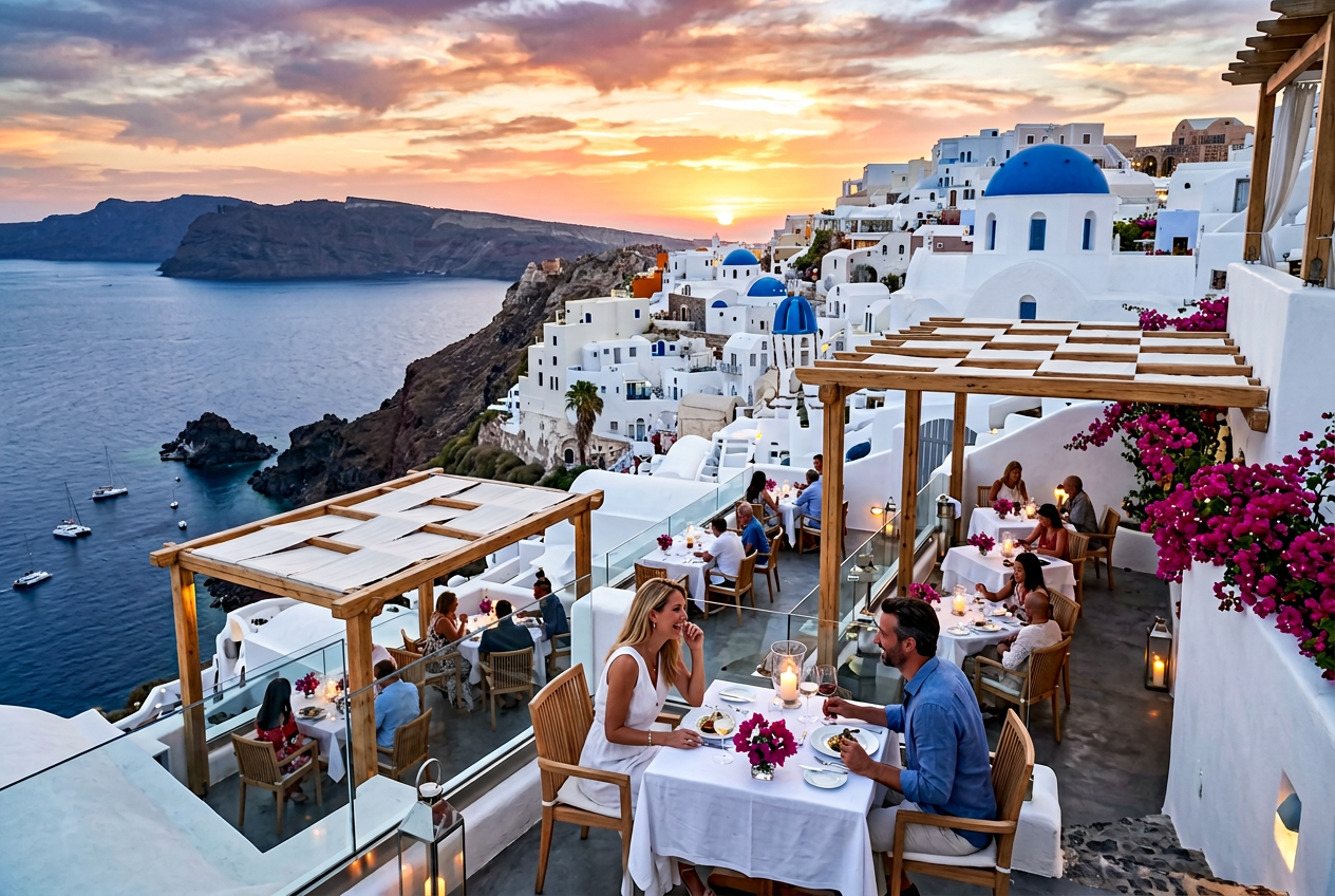 Lycabettus Restaurant Oia Santorini cliff edge dining terrace at sunset with refined open-air fine dining, white tablecloths and elegant chairs perched directly above the dramatic caldera and Aegean Sea, golden orange sky