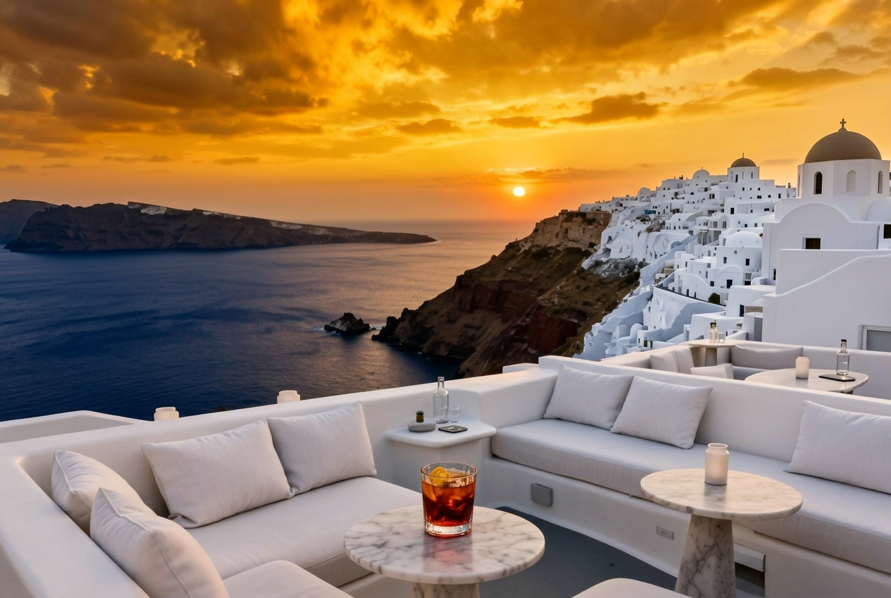 PK Cocktail Bar Fira Santorini cliff terrace at sunset with refined open-air cocktail bar, low white sofas perched on the caldera cliff, a single negroni cocktail in a tumbler on a marble side table and the deep blue Aegean Sea below with a dramatic golden orange sky