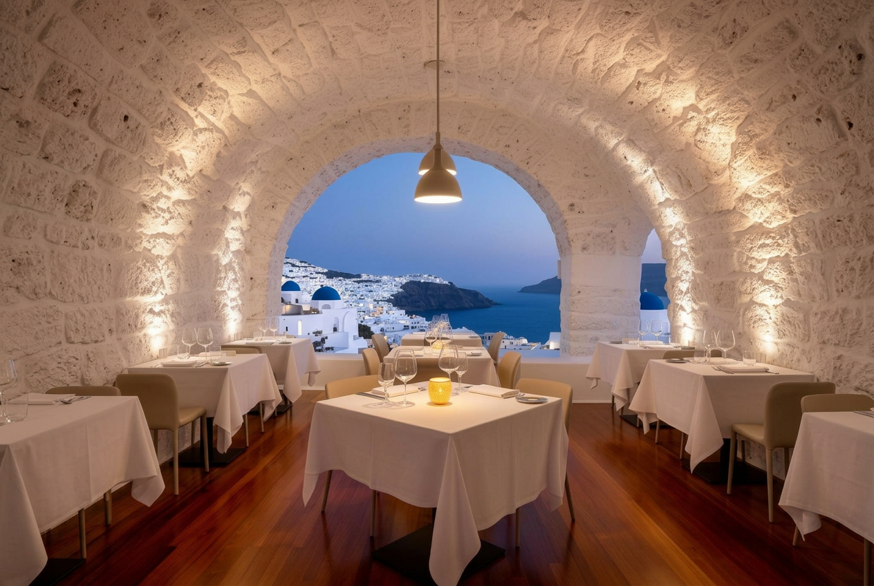 Selene Restaurant Santorini interior in Pyrgos with refined contemporary Greek fine dining room, vaulted whitewashed Cycladic stone walls, warm pendant lighting, white tablecloths and polished wood floors at dusk