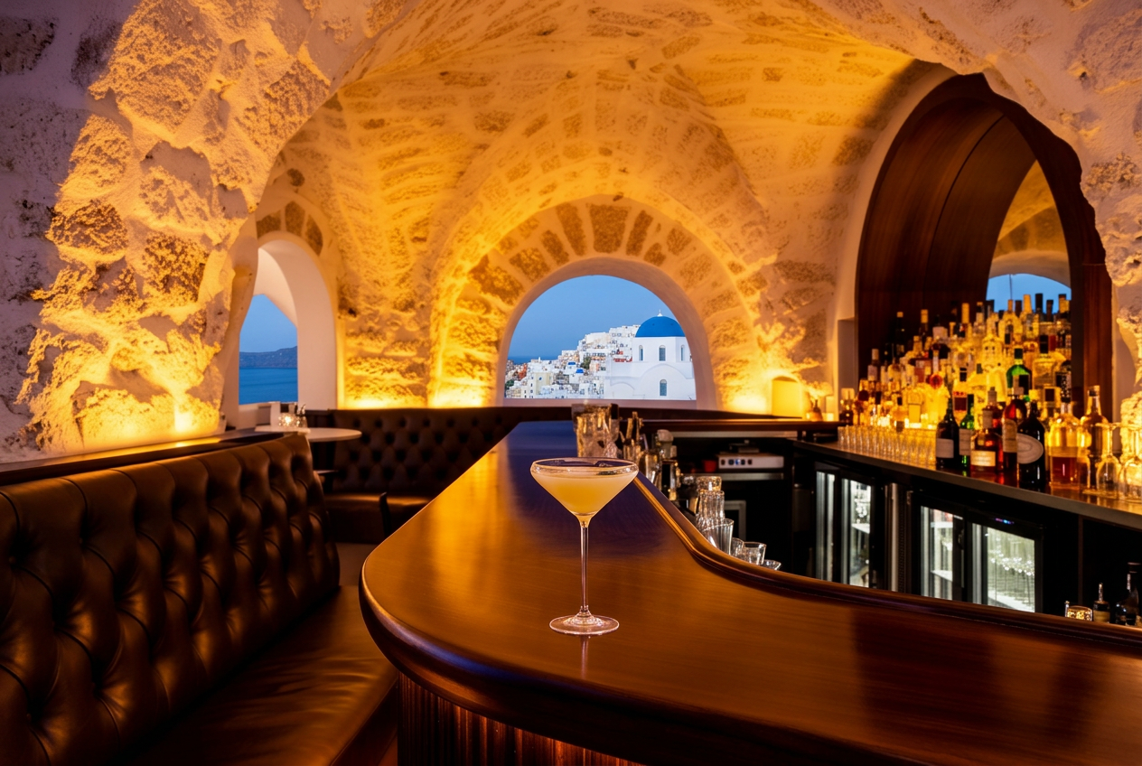 V Lounge Santorini refined upscale cocktail lounge interior with dramatic warm amber lighting, white-washed Cycladic vaulted stone walls, dark wood polished bar, leather banquettes and a single coupe glass cocktail on the bar at night