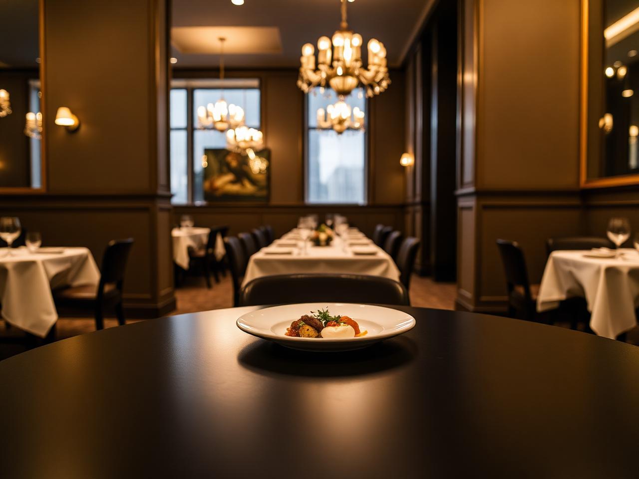 Refined Michelin-starred dining room with chandeliers, white tablecloths and a single beautifully plated tasting course