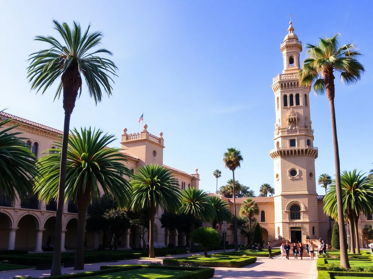 Balboa Park San Diego with Spanish colonial architecture, ornate California Tower and palm trees