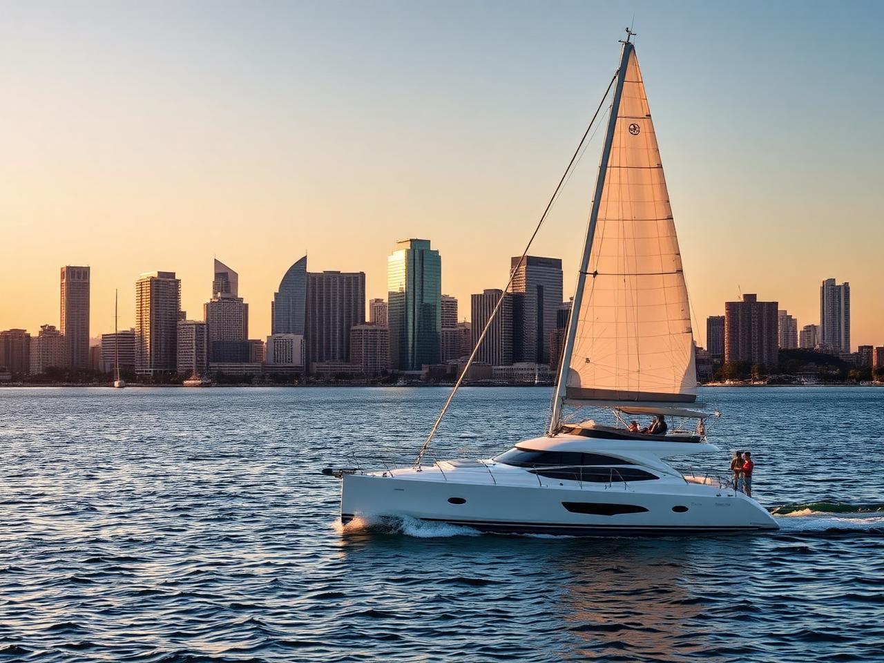 Luxury sailboat cruising on San Diego Bay at golden hour with downtown skyline in the background
