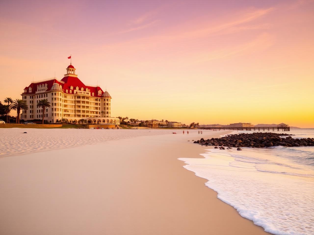 Coronado Beach San Diego at sunset with Hotel del Coronado in the distance, white sand and gentle waves