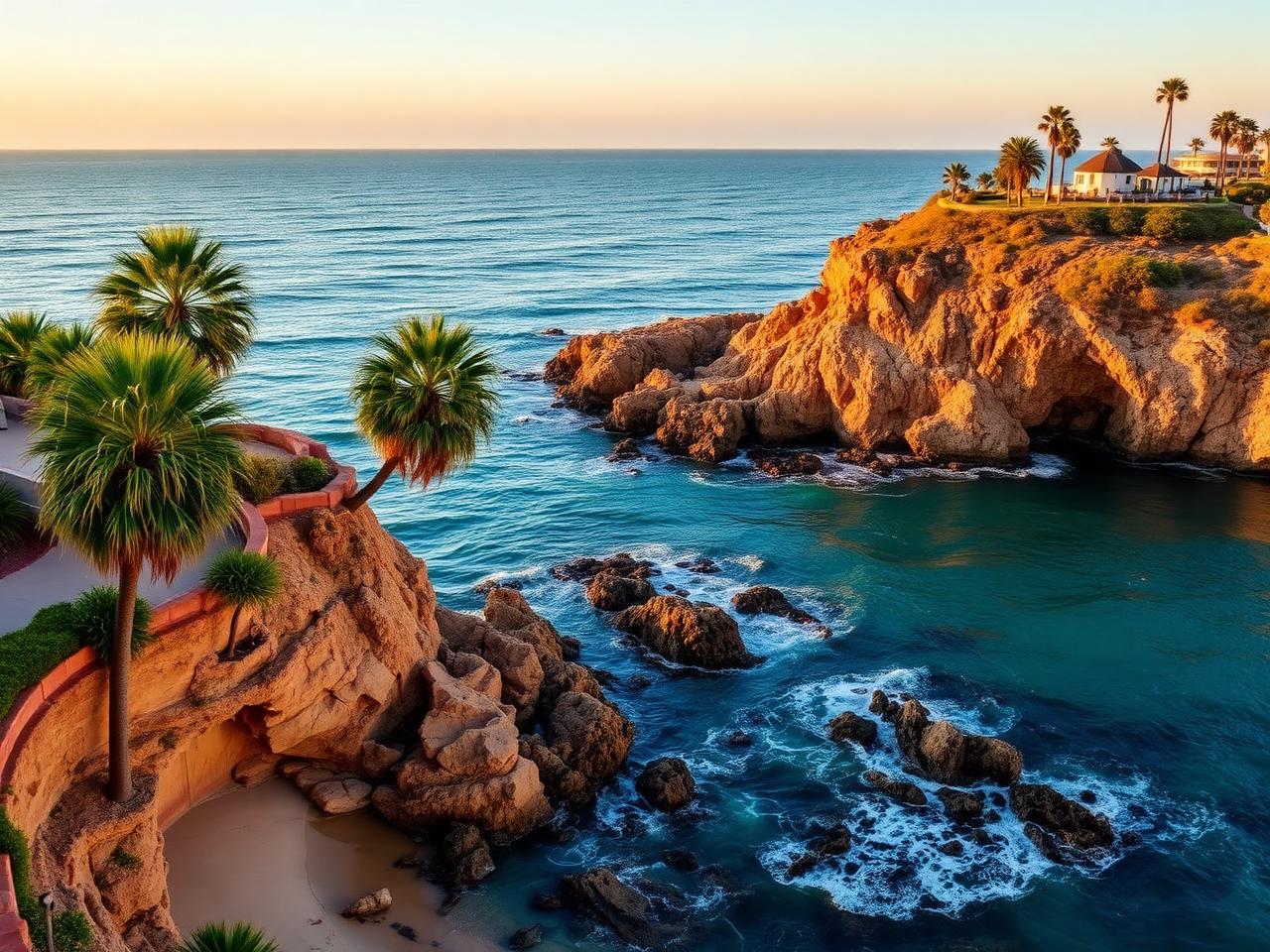 La Jolla Cove San Diego at golden hour with sandstone cliffs meeting the turquoise Pacific ocean