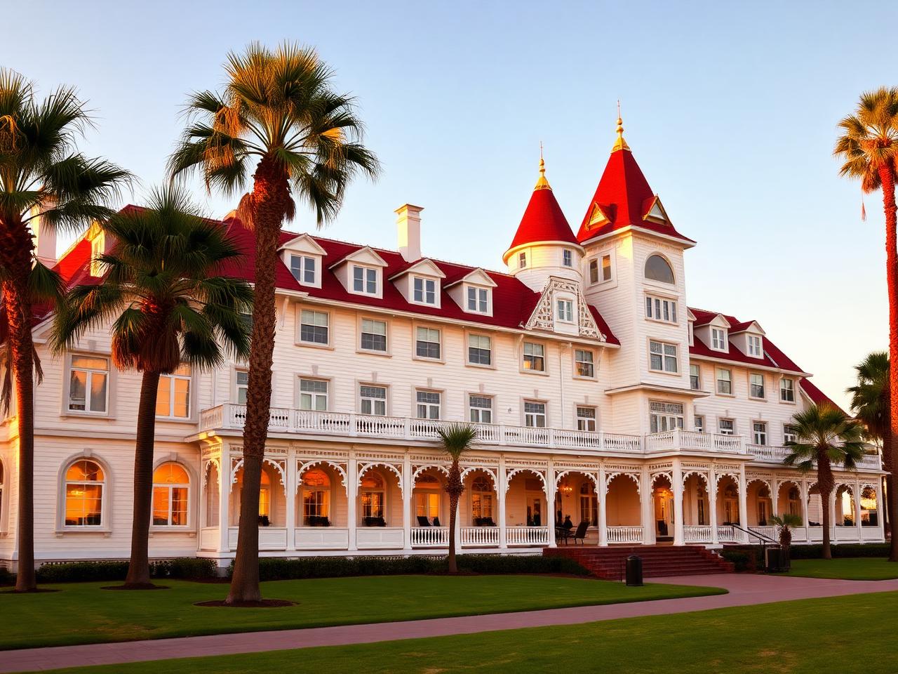 The iconic red-roofed Victorian Hotel del Coronado at golden hour