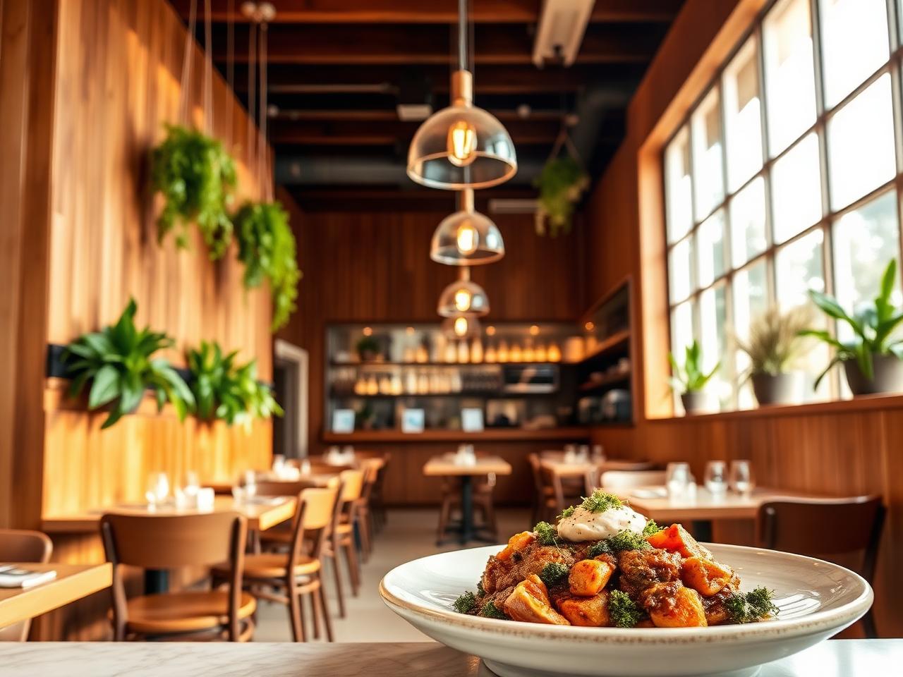 Warm Californian restaurant interior with hanging plants, wood walls and a beautifully plated farm-to-table dish