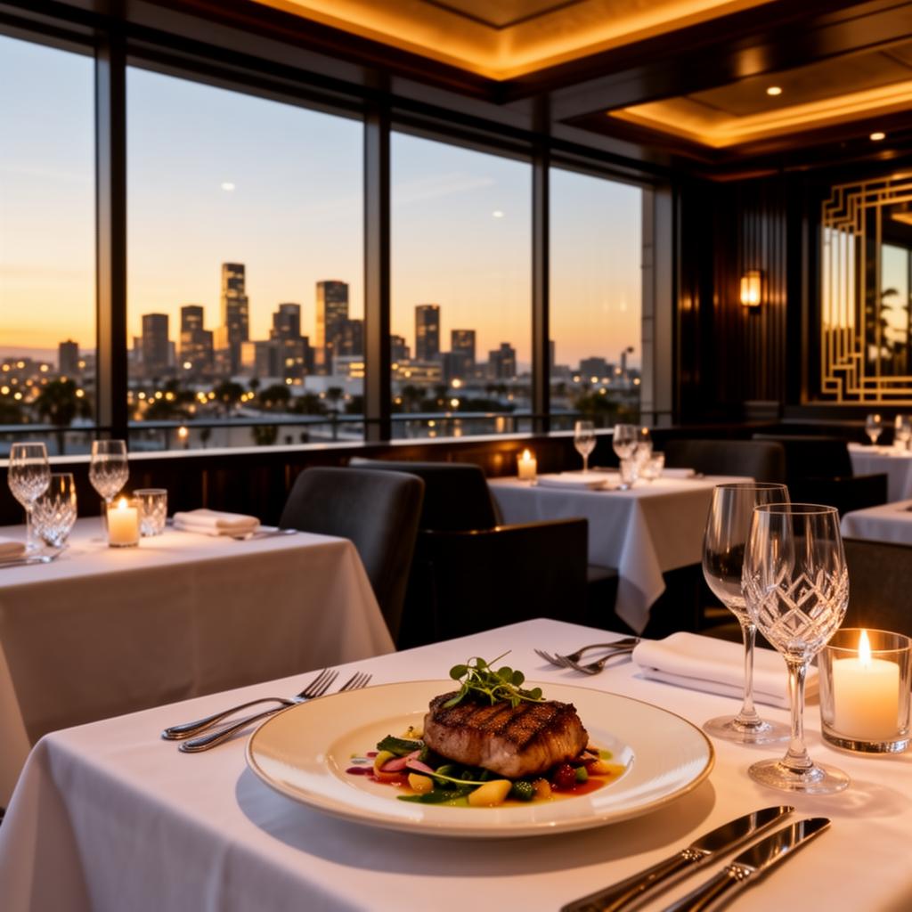 Elegant rooftop restaurant interior with floor-to-ceiling windows revealing a panoramic city skyline view at golden hour, white tablecloths and candlelight