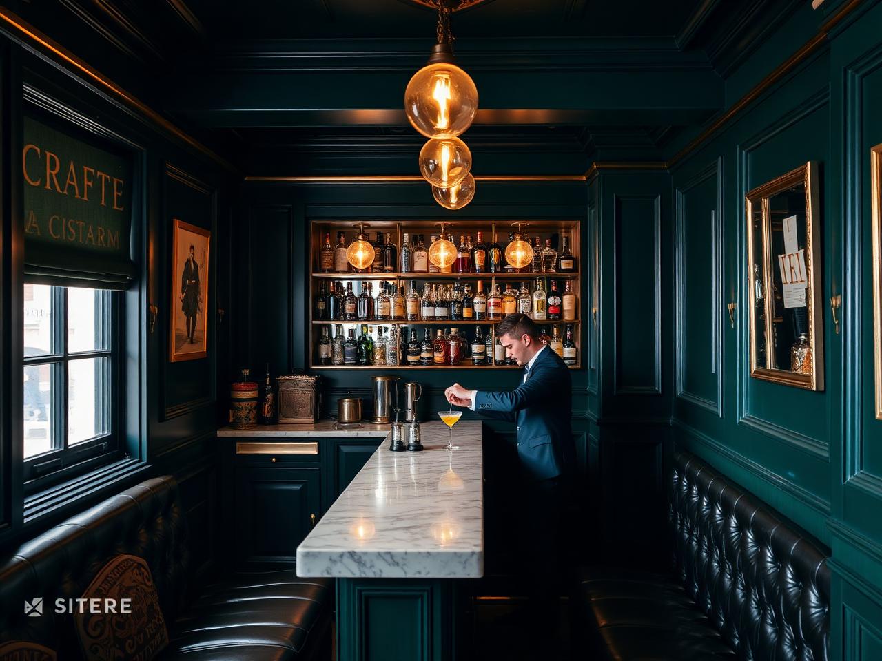 Intimate craft cocktail bar with dark green walls, brass details and a bartender preparing a drink