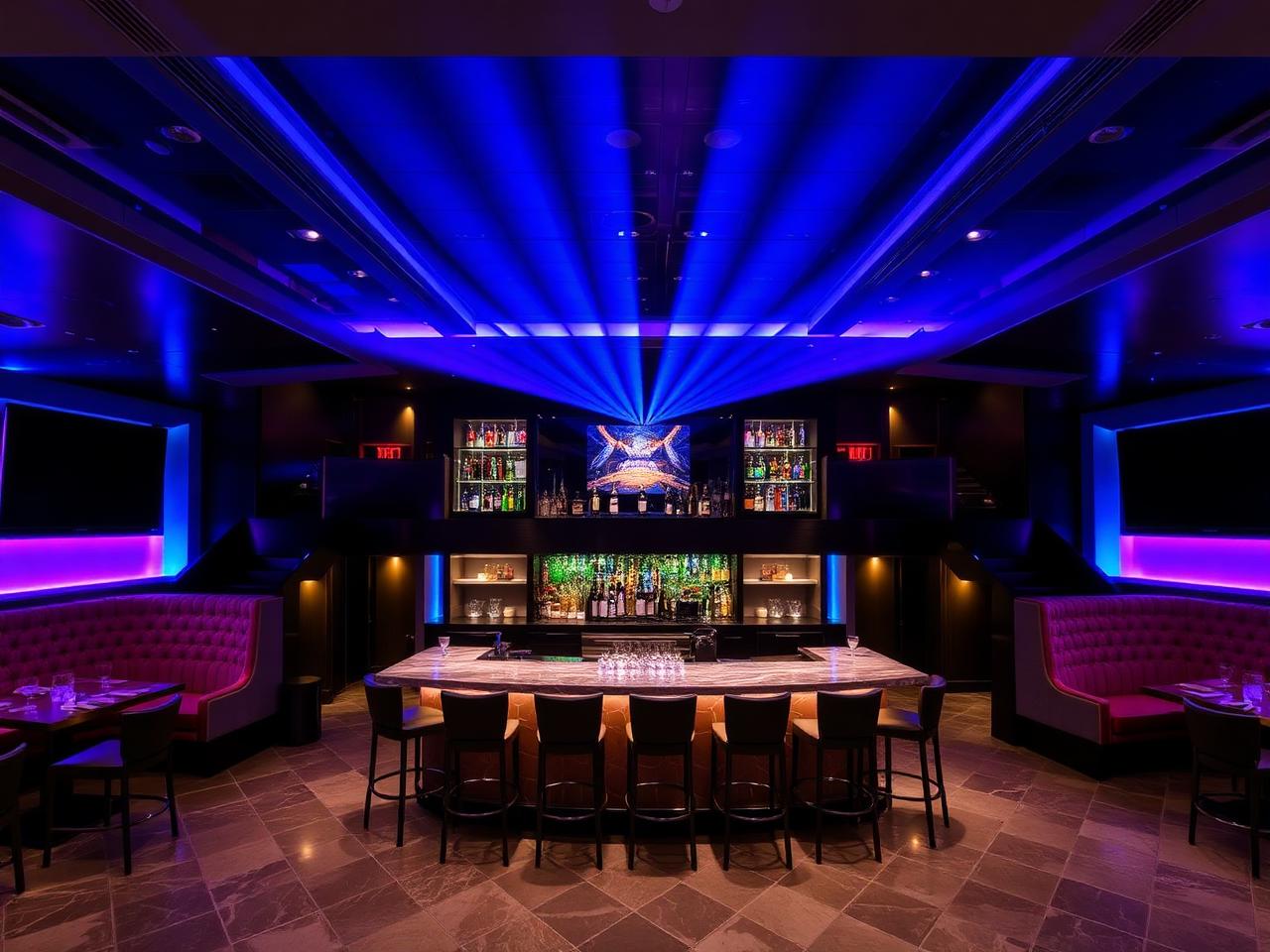 Modern San Diego nightclub interior with elevated VIP booths, dramatic blue and purple lighting and marble bar