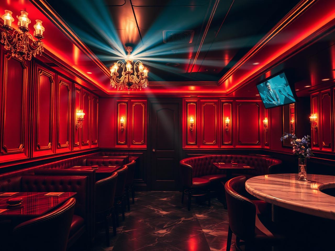 Sophisticated Gaslamp Quarter nightclub interior with theatrical red lighting, leather booths and marble bar