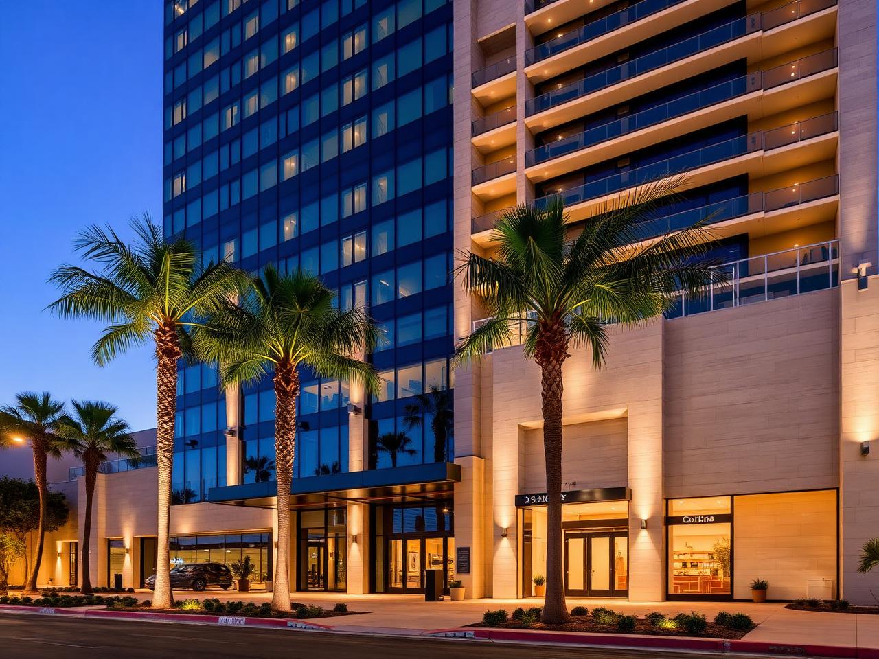 Sleek modern luxury San Diego hotel exterior at dusk with glass facade, palm trees and illuminated entrance