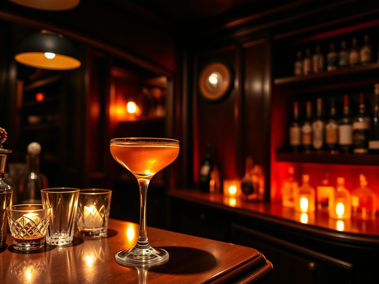 Hidden speakeasy cocktail bar with dark wood, vintage glassware and a single coupe glass on the counter