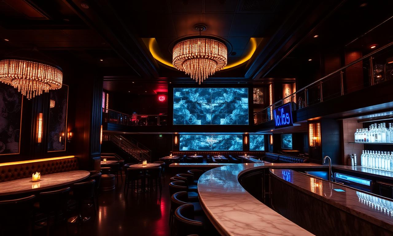 Sophisticated SoMa nightclub interior with dramatic chandelier lighting, marble bar and elevated VIP booths