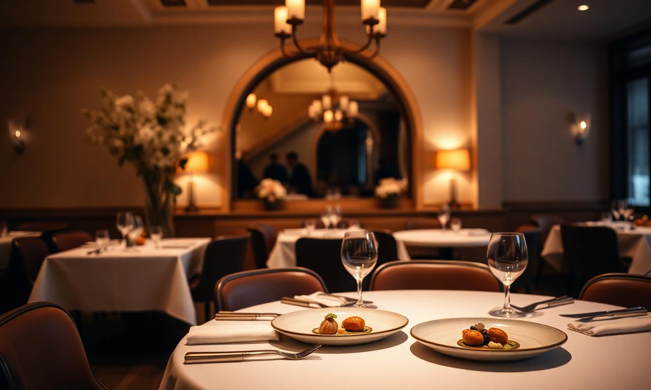 Refined Michelin-starred dining room with warm chandelier light, white tablecloths and beautifully plated tasting courses