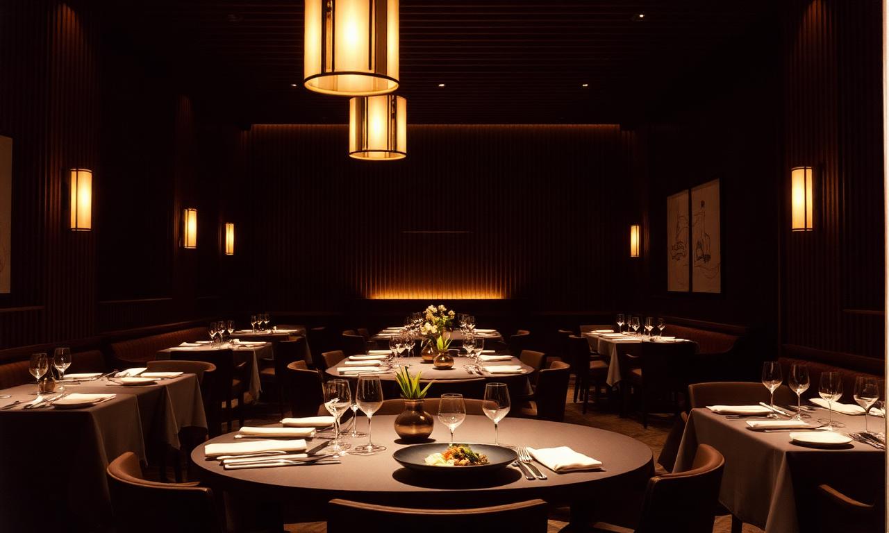 Minimalist refined Michelin-starred restaurant interior with dark wood, low lighting and an artistic Asian-inspired plated course