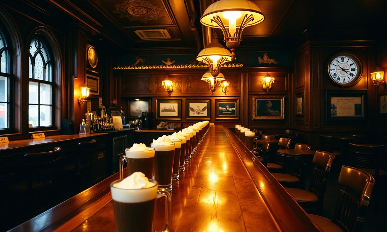 Classic San Francisco bar interior with vintage wooden bar, rows of Irish coffee glasses and warm golden lighting