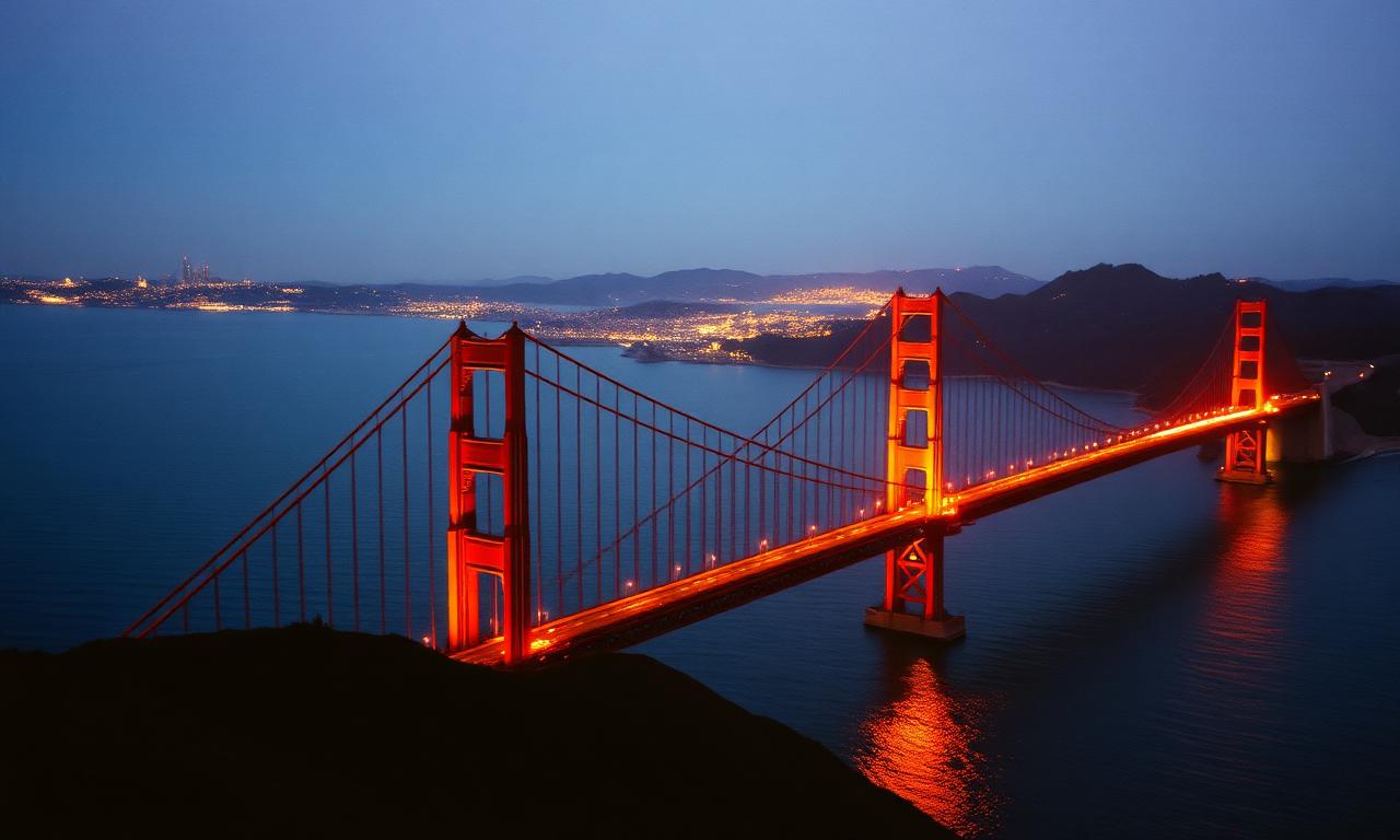 Golden Gate Bridge San Francisco at golden hour viewed from the Marin Headlands with dramatic Pacific light over the bay